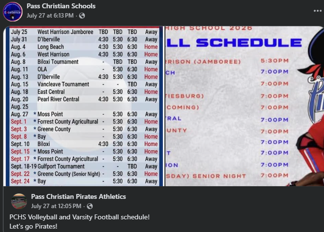 PCHS Volleyball and Varsity Football schedule!  Let’s go Pirates!