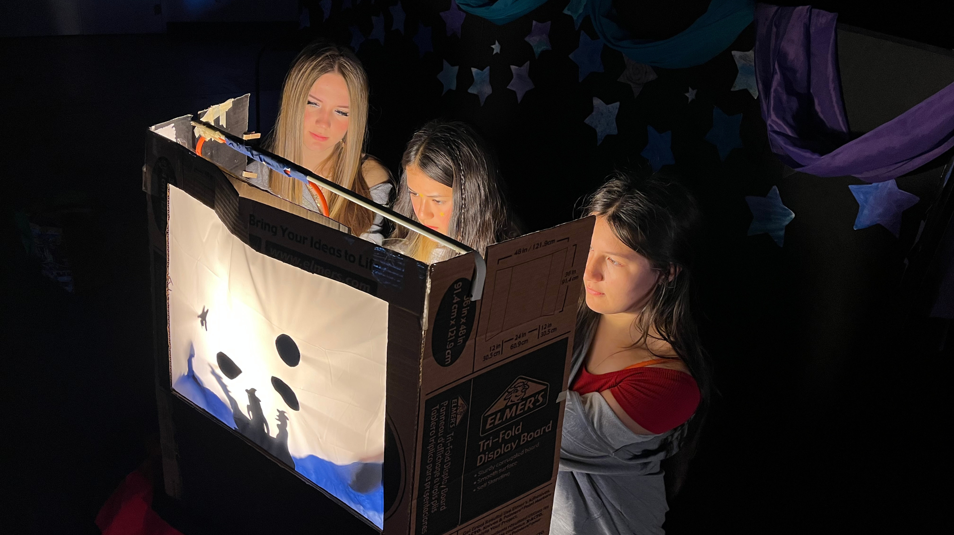 Three students work together to put on a performance with a shadow puppet theater.