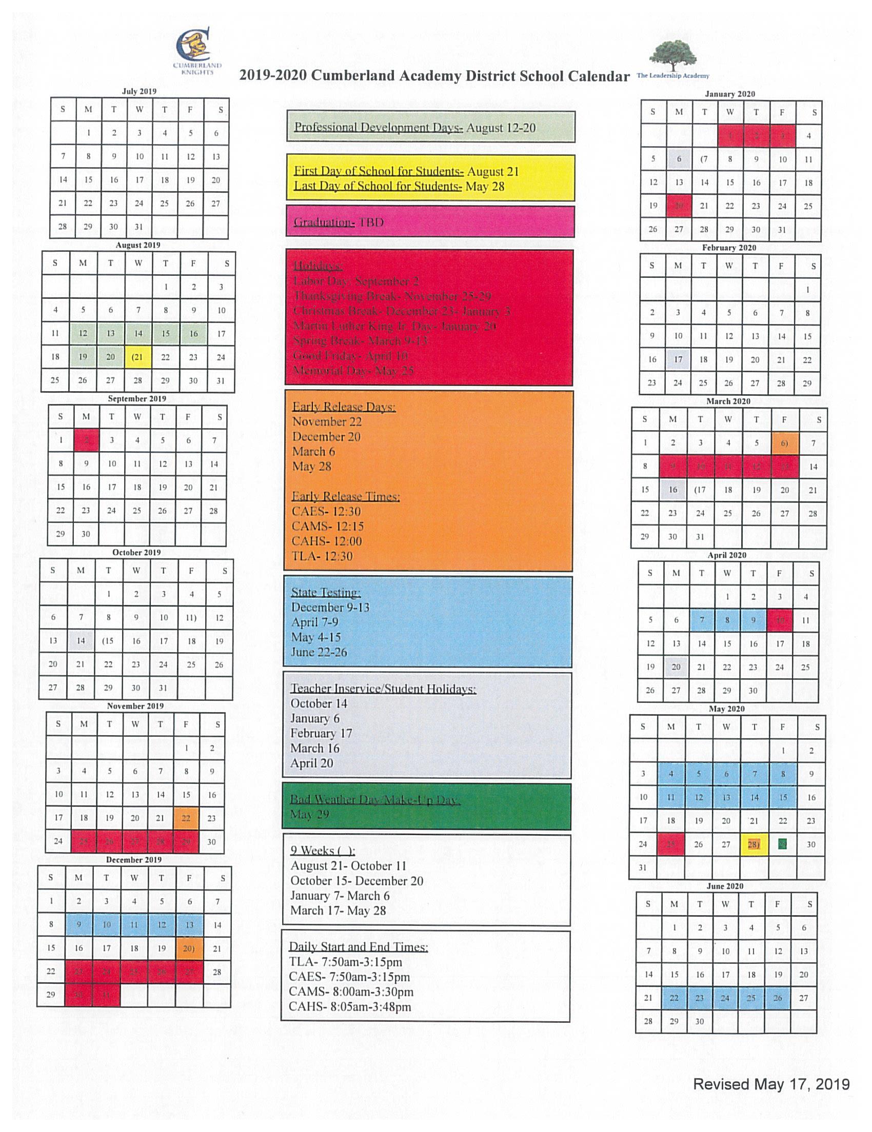 2019-2020 School Calendar | Cumberland High School