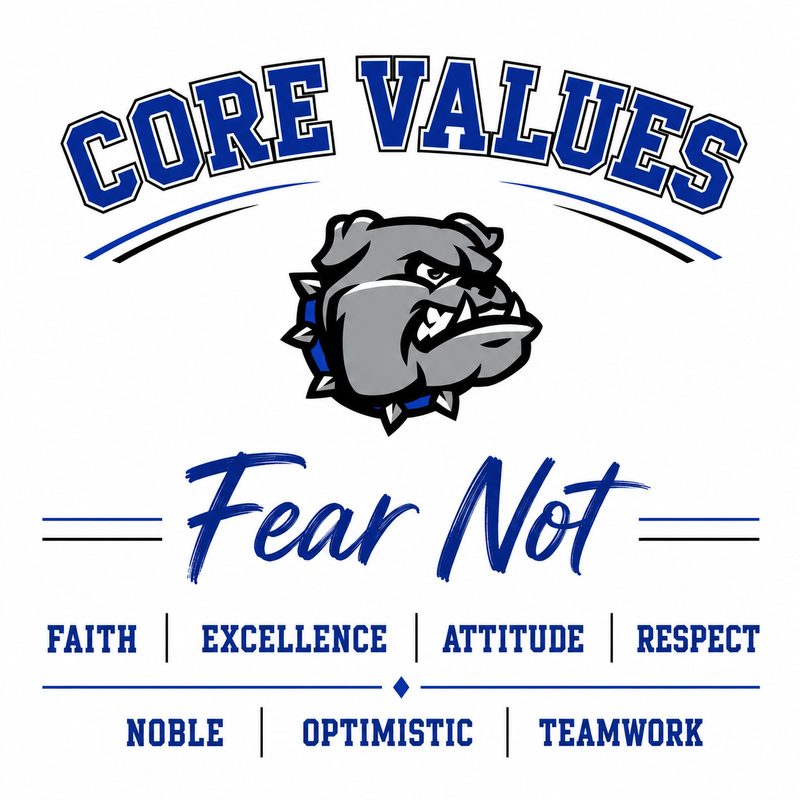 Logo featuring a bulldog and the words Core Values and Fear Not
