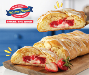 Butter Braid logo with text Share the Good and strawberry butter braid pastry