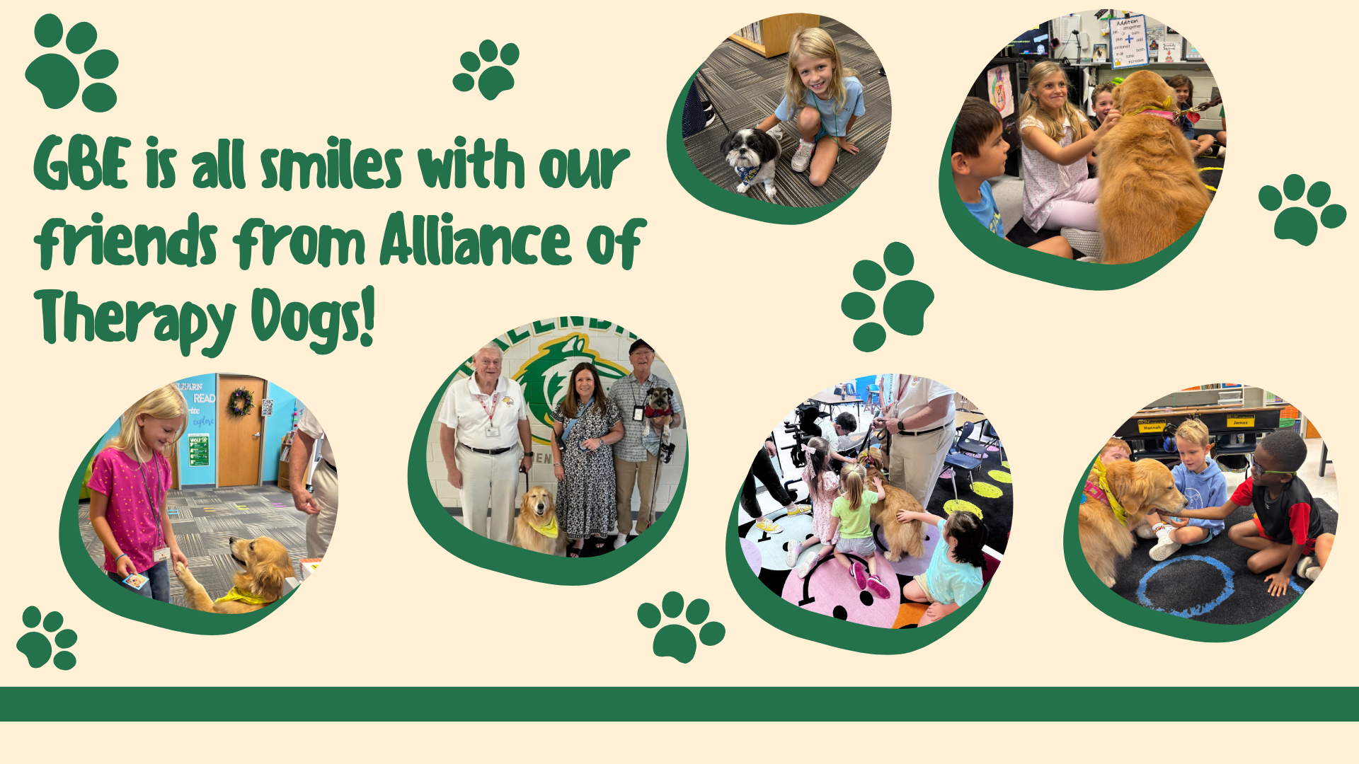 GBE students and adults interact happily with therapy dogs.