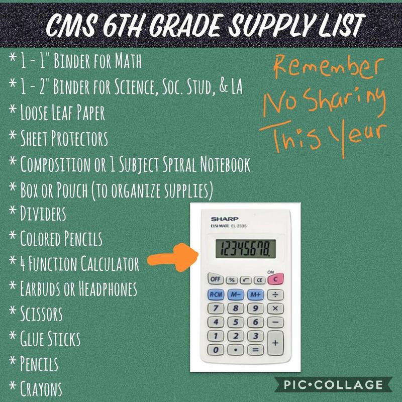 6th gr supply list