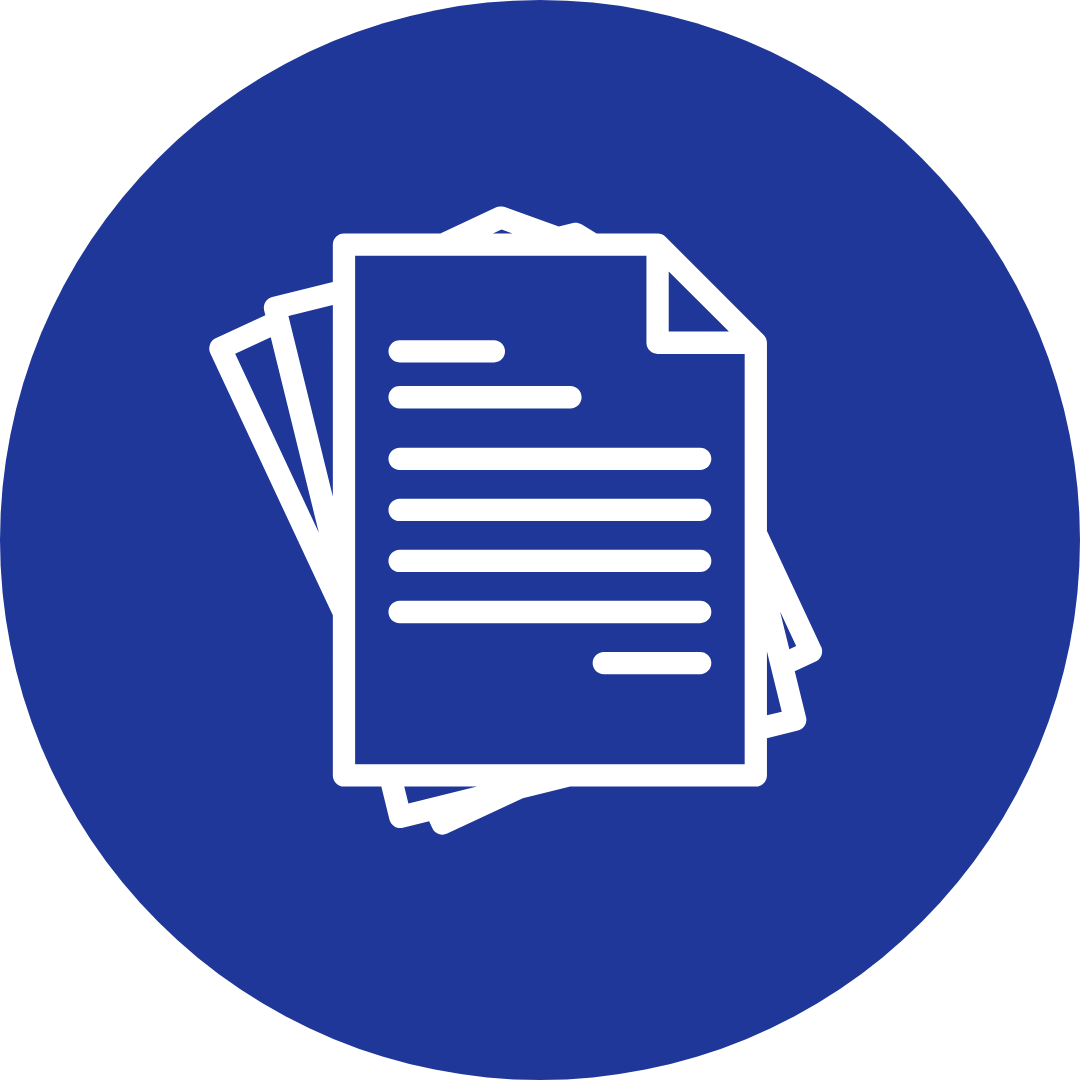 circle with a sheaf of papers in the center.