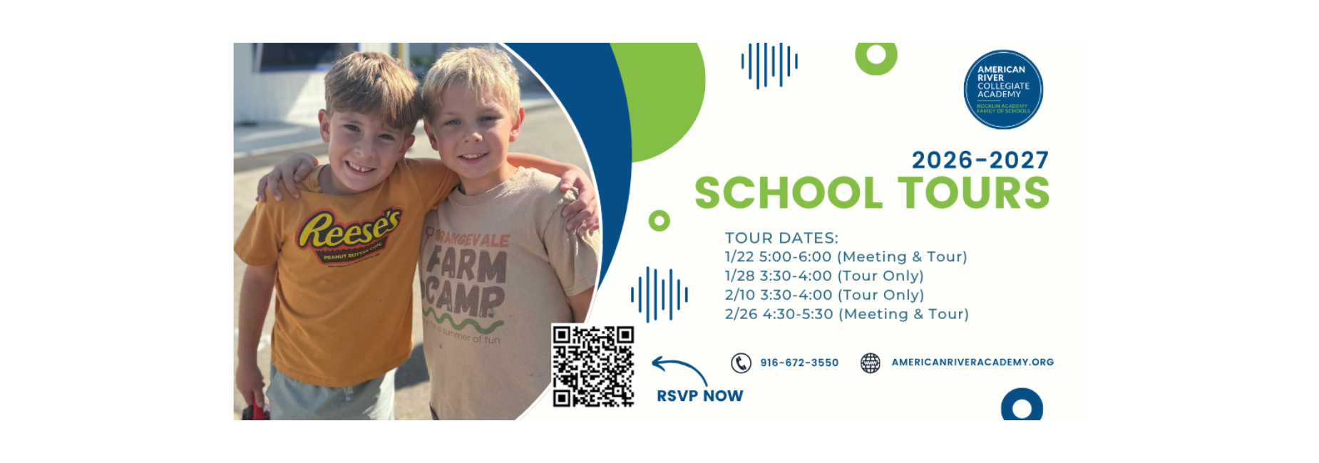 two kids hanging on shoulders. School tours information with QR code