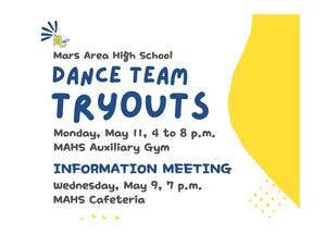 Flyer for dance team tryouts with event details and colorful design.
