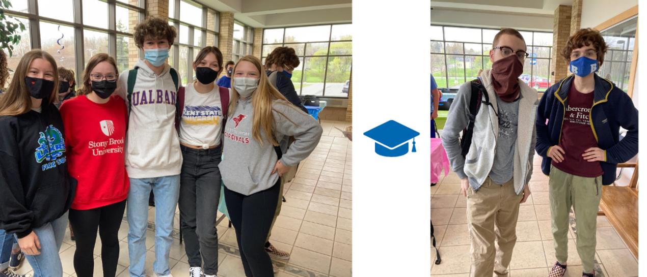 groups of students smiling and wearing college sweatshirts