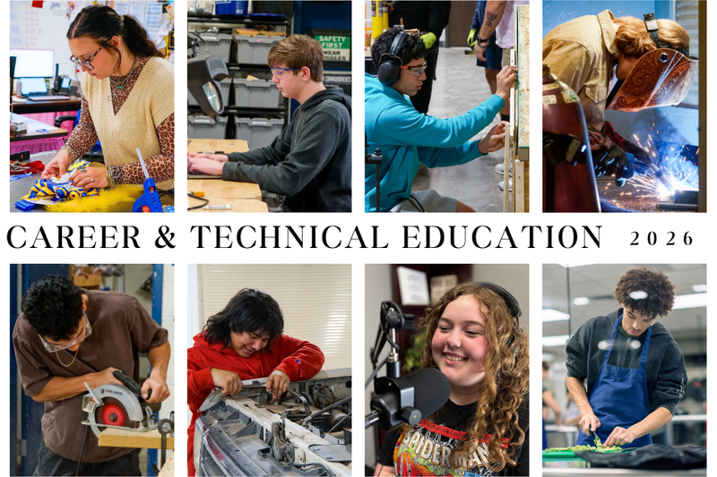 Career and Technical Education graphic with 8 photos of students in various CTE programs