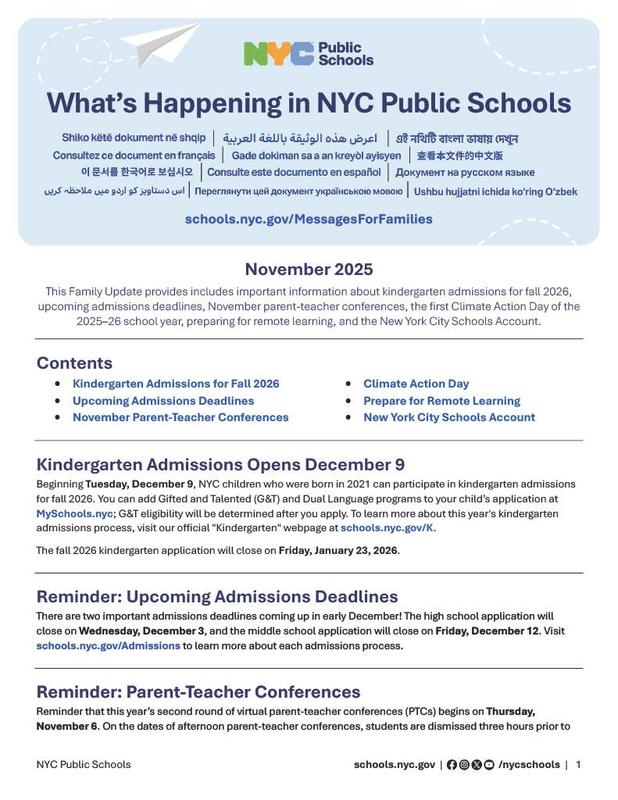 November Family News Update. English 1