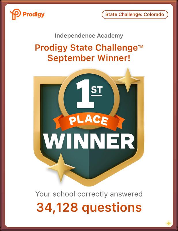 Congratulations to our middle school students as they won the Prodigy state championship by answering more correct questions than any other middle school in the entire state of Colorado during the month of September!