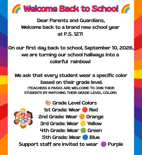 Welcome back to school announcement with colored text and icons for grade levels.