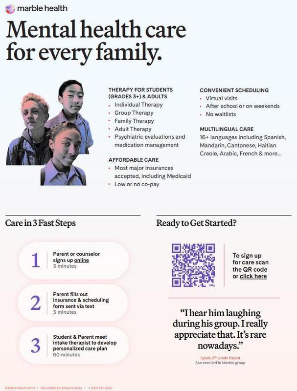 Informative poster for mental health care services with diverse family images and contact details.