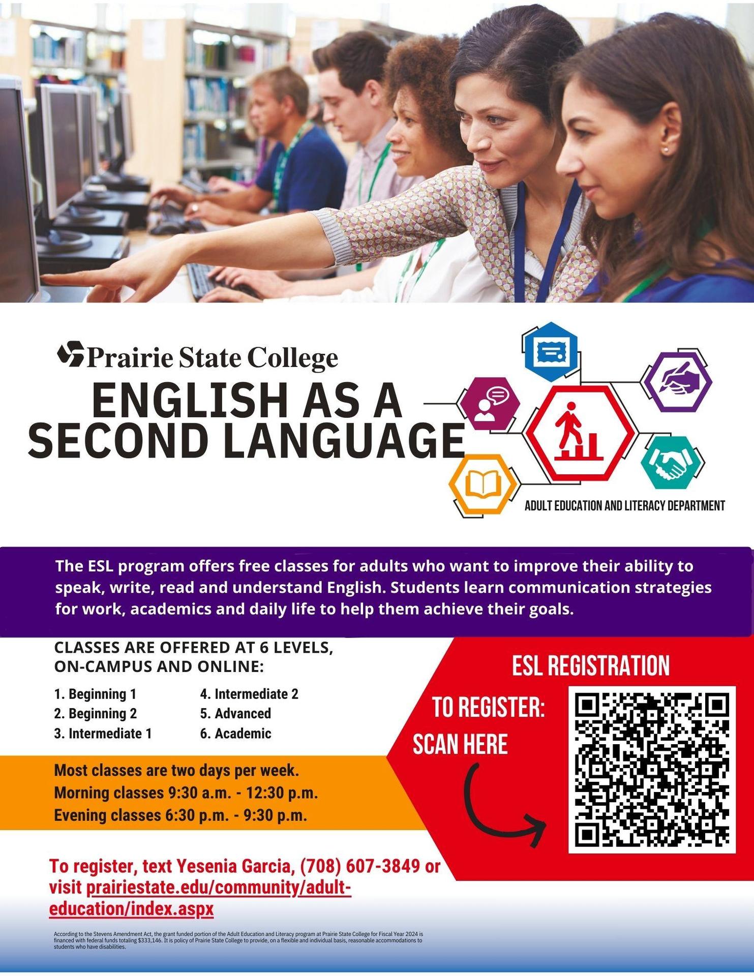 Prairie State College ESL class flyer