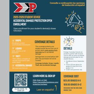 Flyer for Portage Township Schools’ 2025–2026 Student Device Accidental Damage Protection. Enrollment closes September 8, 2025. Coverage includes drops, liquids, theft, and accidental damage. Cost: $25 for grades K–8, $59.95 for grades 9–12. Sign-up link and QR code provided.