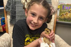 A Level Green 1st grader holds one of Miss Hlavsa’s classroom chicks