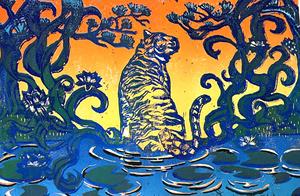 A vibrant, stylized artwork titled “Tiger Lily” showing a tiger sitting in a pond surrounded by large lily pads and swirling, decorative trees. The background features a warm gradient sky in shades of orange and yellow, contrasting with bold blue and green tones in the water and foliage. The piece has a textured, print-like appearance with expressive lines and patterns.