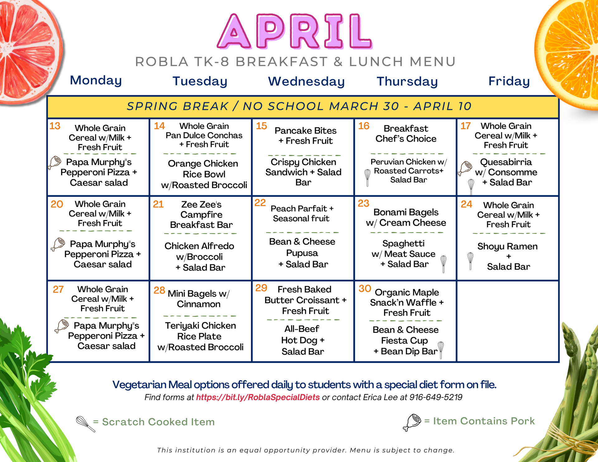 TK-6 Breakfast & Lunch Spring Break Menu