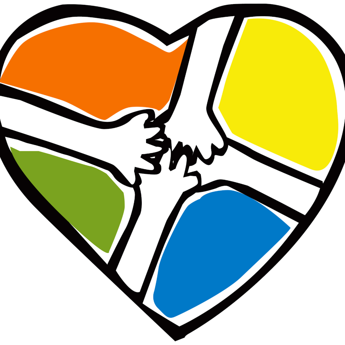 Colorful heart split into four parts with three white figures holding hands inside.