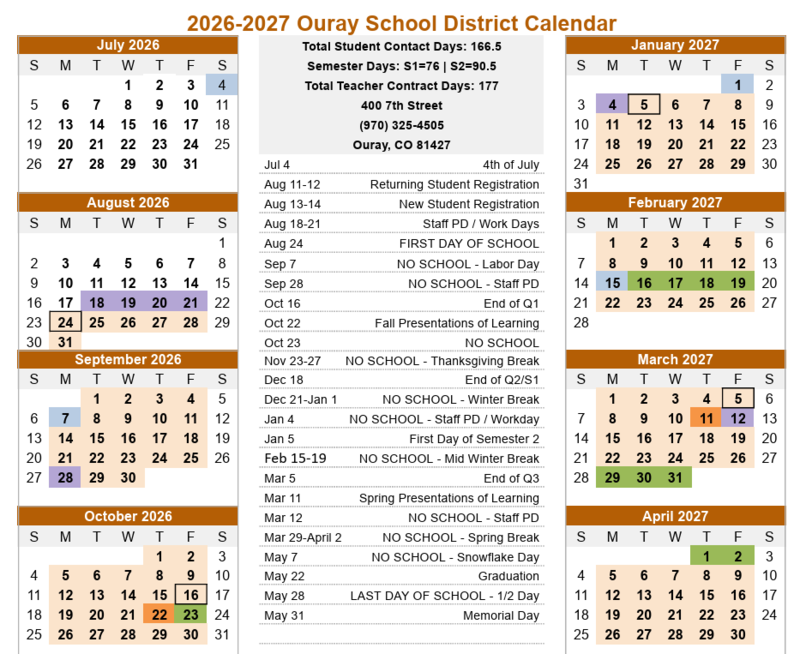 Ouray academic calendar and key dates.