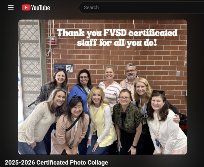 Group of smiling staff members posing in front of a wall, thanking FVSD certified staff.