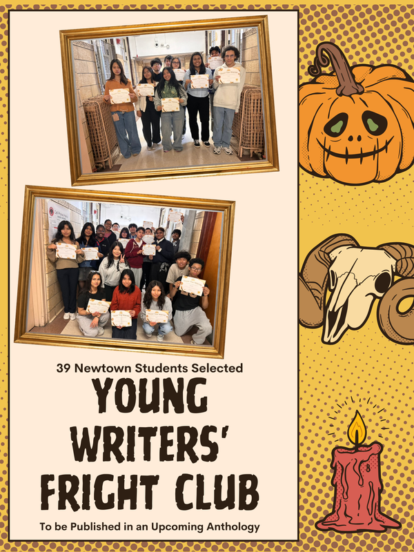 Young Writers' Fright Club winners posted in creepy frames alongside scary props. All students holding a certificate for their achievement.
