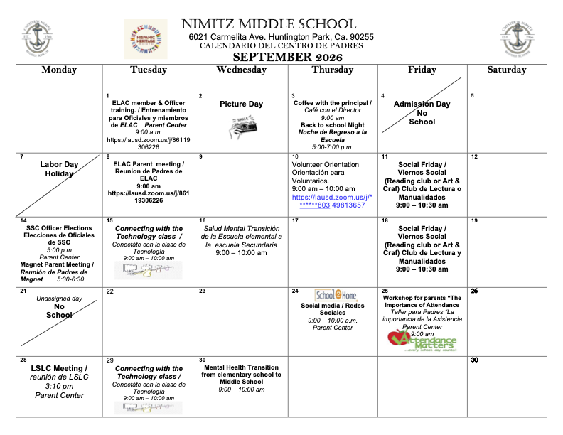Parent Center Calendar for September 2026/Calendario del Centro de Padres para Septiembre 2026 Featured Photo