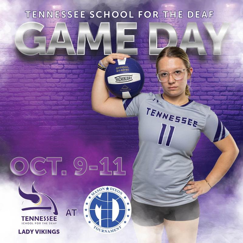 A female volleyball player in a gray jersey poses with a ball, promoting a game event.