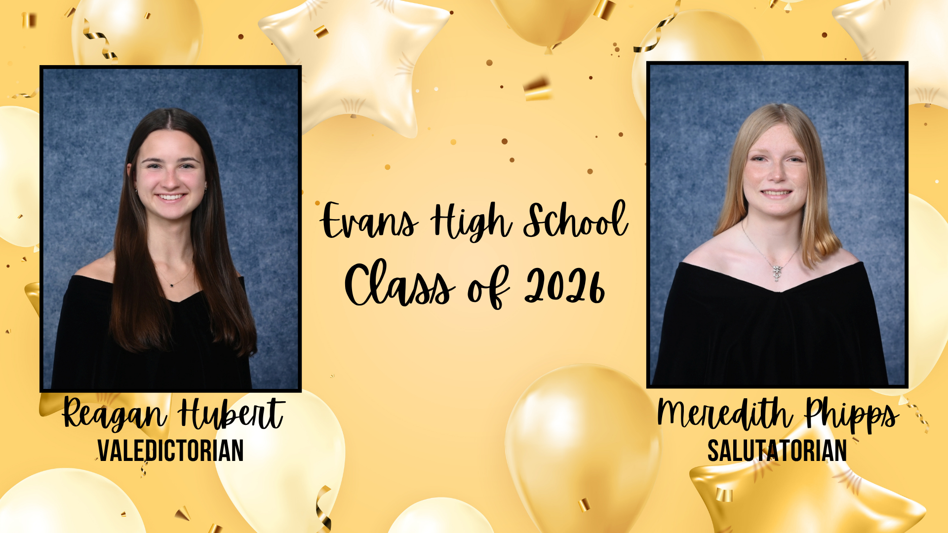 Two students' portraits with gold balloons celebrating graduation.