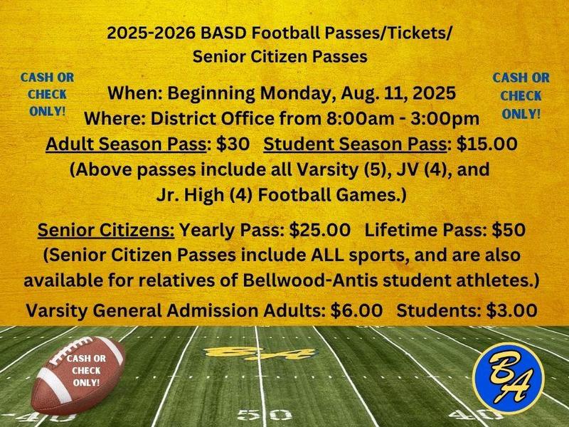2025-2026 BASD Football Passes and Ticket prices with event details.