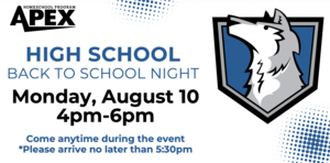 flyer with wolf and blue, white and black lettering