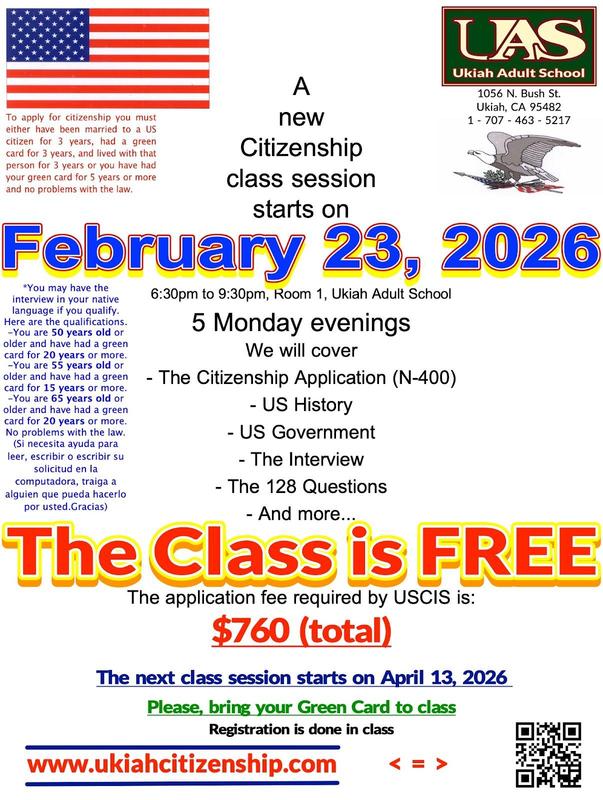 A new citizenship class session starts on 02/23/2026 poster.