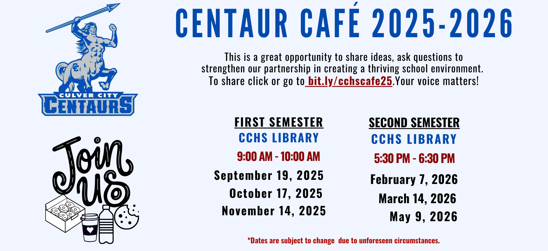 Culver City Centaurs event announcement for the Centaur Café 2025-2026.