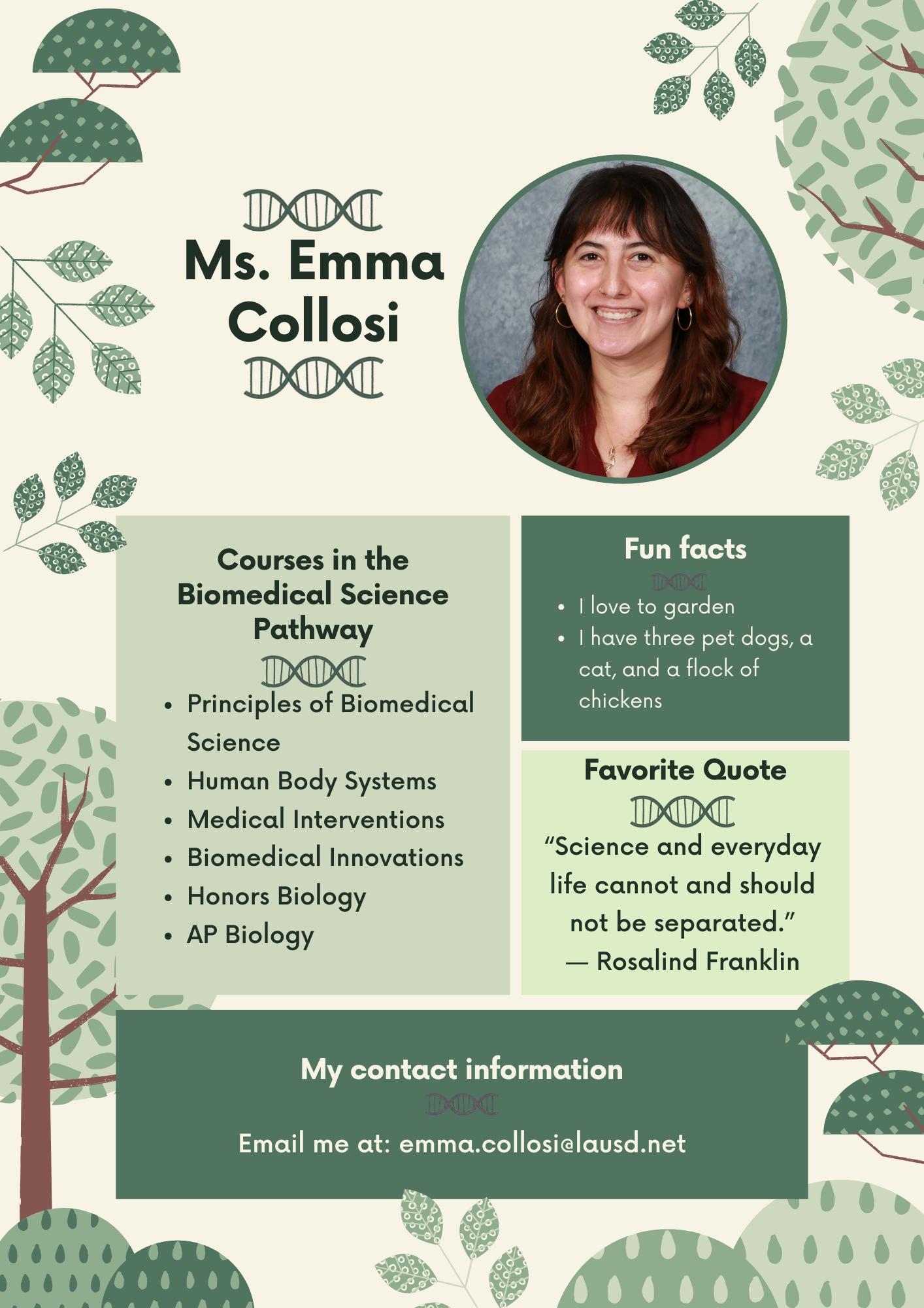Image describing courses Ms. Collosi teaches, gives contact information, and hobbies