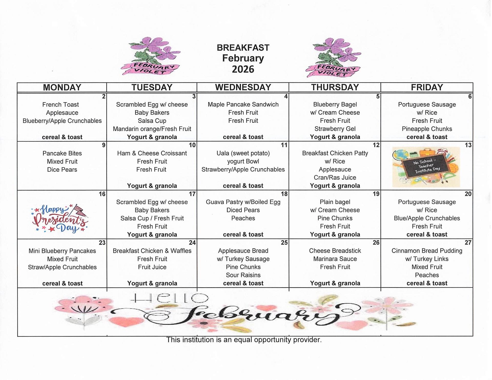 February - Breakfast Menus
