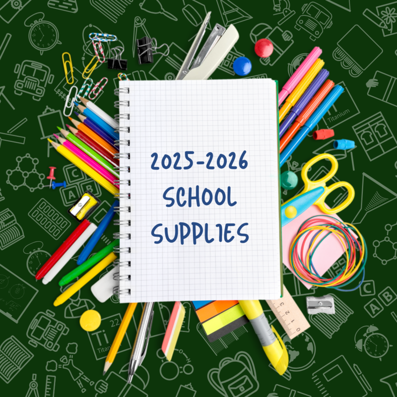 Background of pens, pencils, etc. with a notebook on top that says "2020-2026 School Supplies"