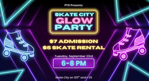 Neon shapes and roller skates on a black background. Text with spirit night information.