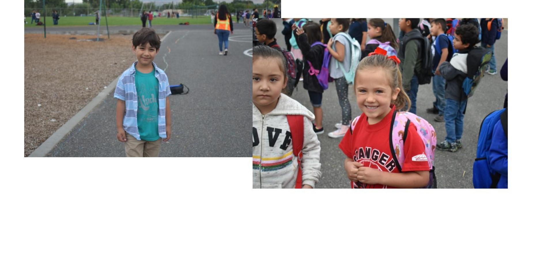 two pictures. The first picture of a boy smiling on pay to dress day. The second picture of a girl smiling wearing her Granger Spartans shirt.