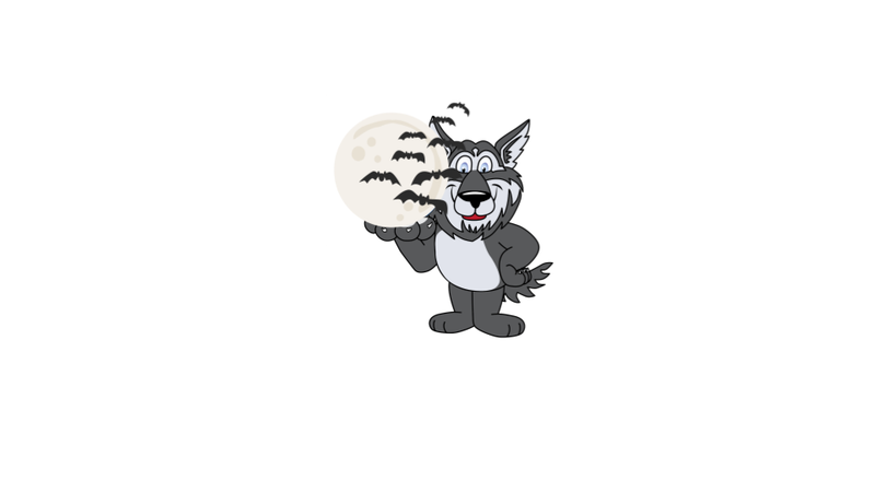 Wolf holding a moon with bats flying out