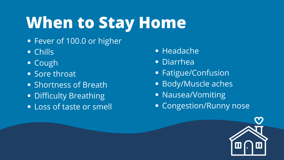 When to stay home - Fever of 100.0 or higher, chills, cough, sore throat, shortness of breath, difficulty breathing, loss of taste or smell, headache, diarrhea, fatigue/confusion, body/muscle aches, nausea, vomiting, congestion/runny nose