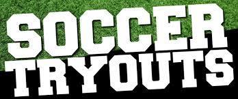 White text: "Soccer tryouts" over a green, grassy soccer field