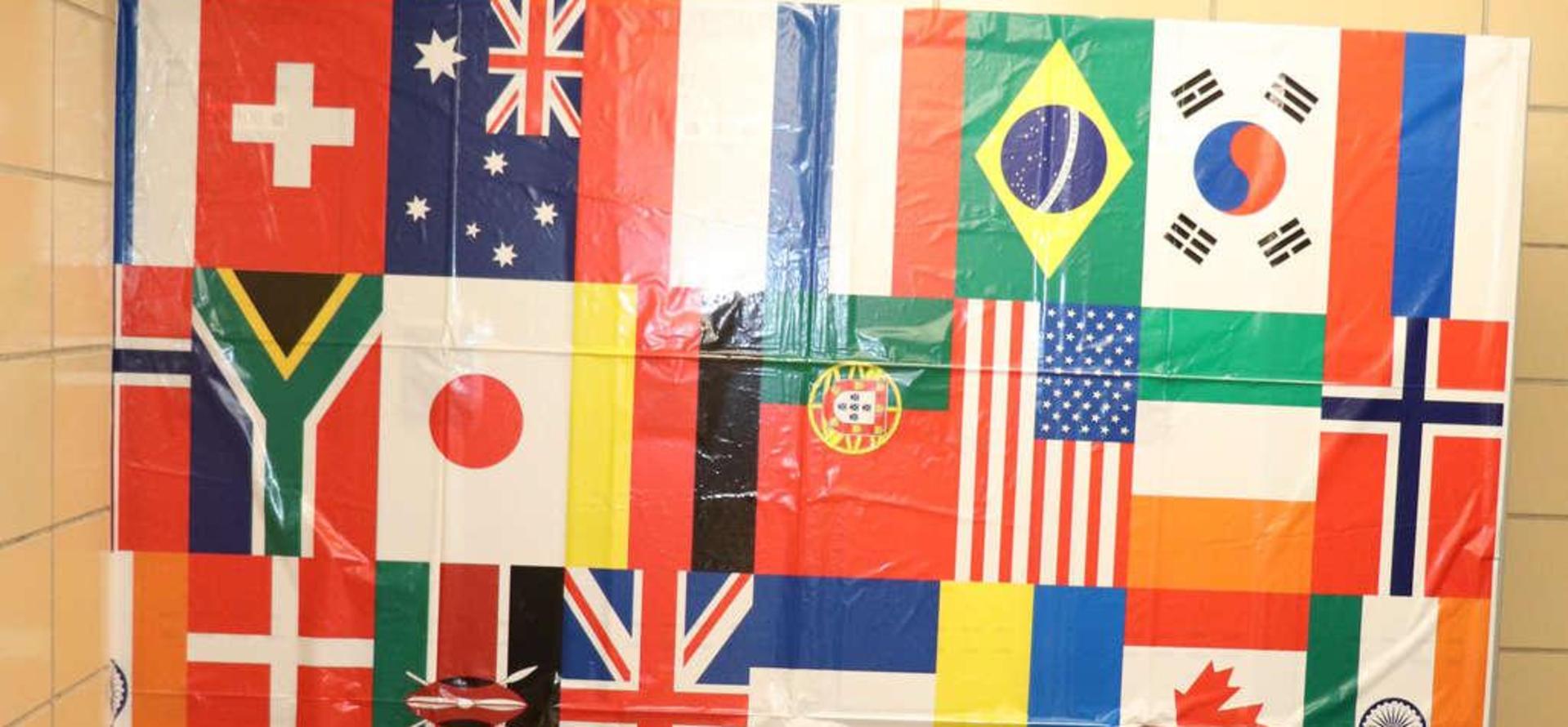 A large display of various international flags on a wall.