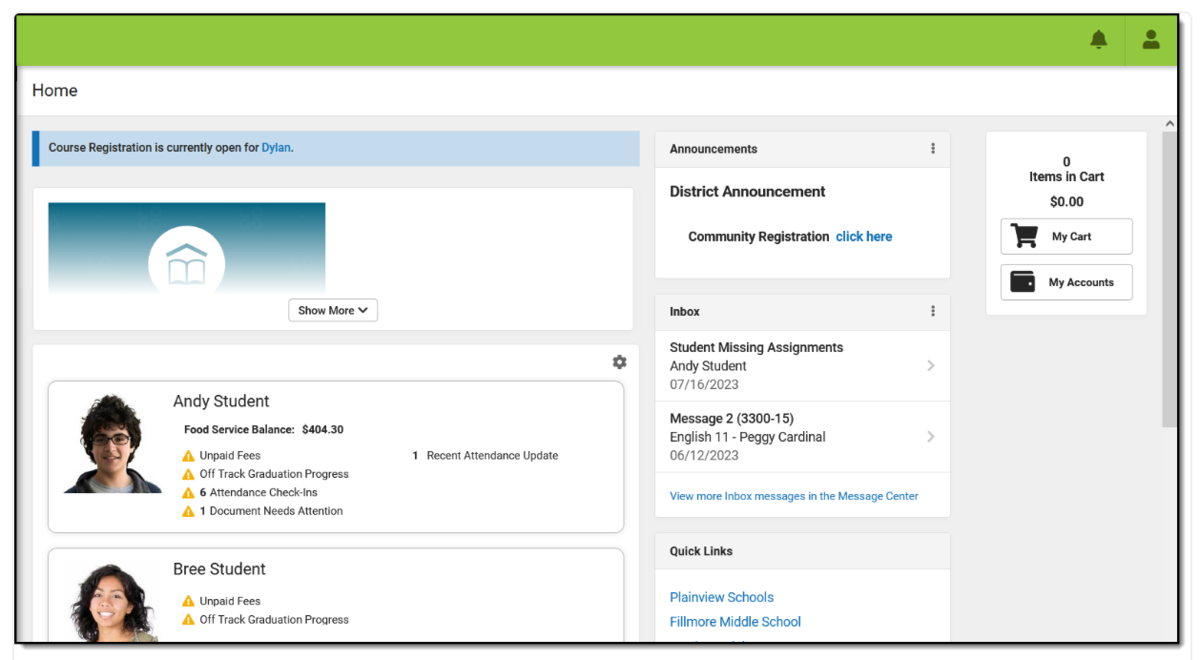 screenshot of parent portal