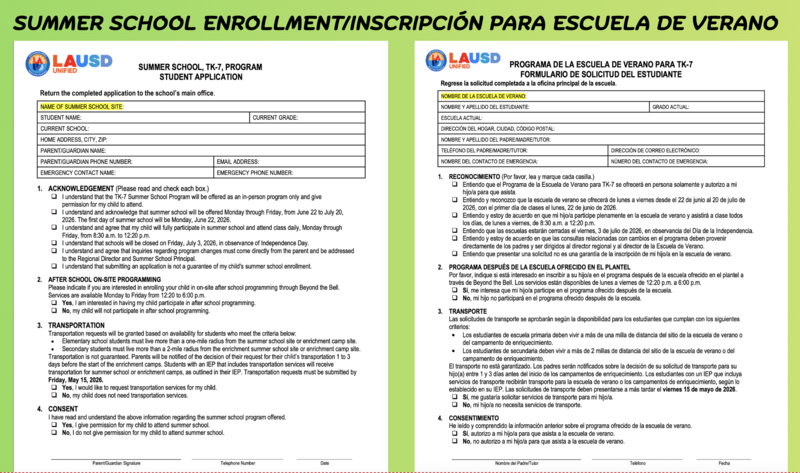 Summer School Enrollment/Inscripción de Escuela de Verano