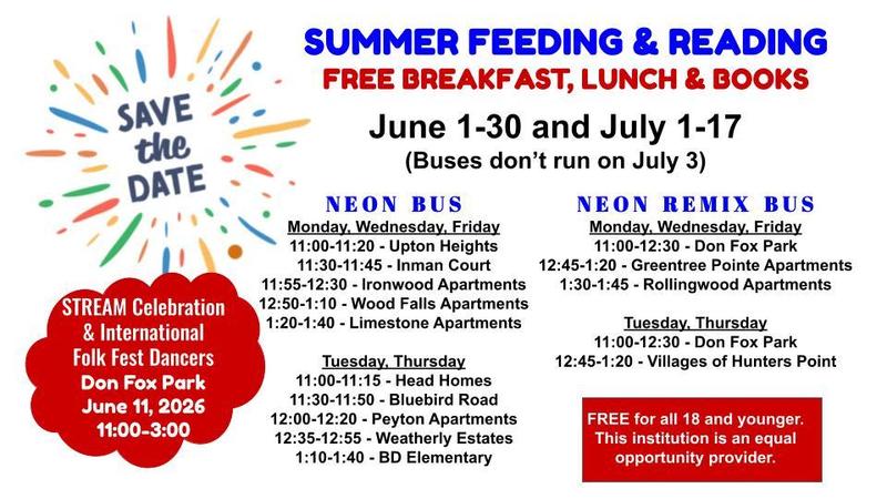 flyer with red and blue font and a firework graphic and small print of dates and locations