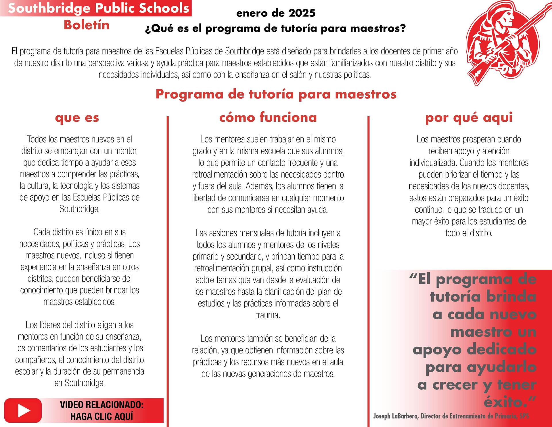 Newsletter detailing the teacher mentorship program at Southbridge Public Schools