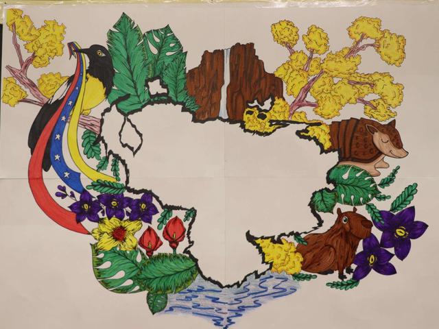Colorful map with tropical flora and fauna, featuring a bird and small animals.