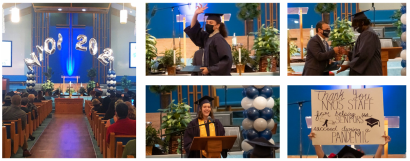 Photos of: graduation venue, student waving to the audience after getting his diploma, student speaking at graduation.