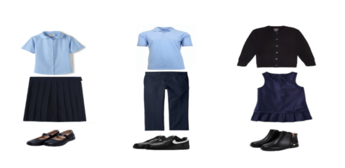 Grouping of school uniforms and shoes in various styles.