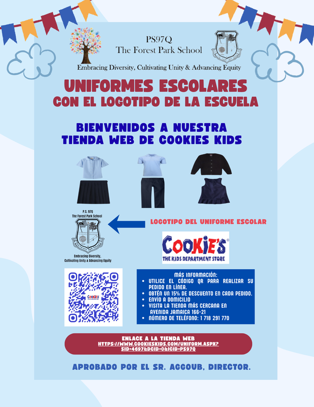 Promotional flyer for school uniforms in Spanish, featuring clothing items, logos, and contact info.
