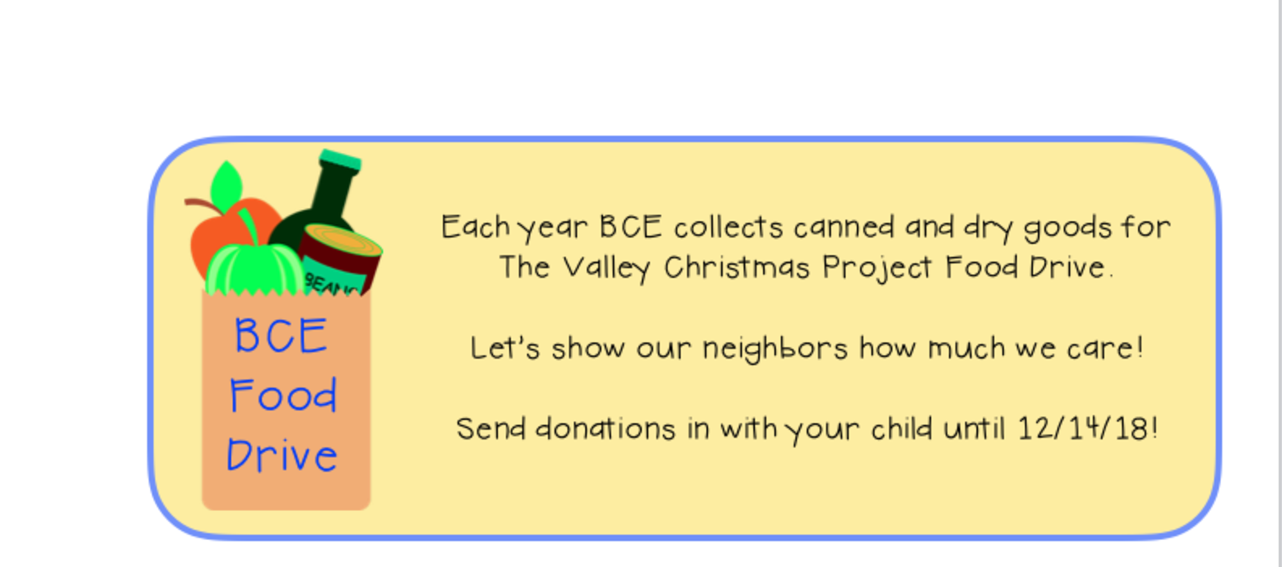 Canned Food Drive - donations accepted until 12/14/18